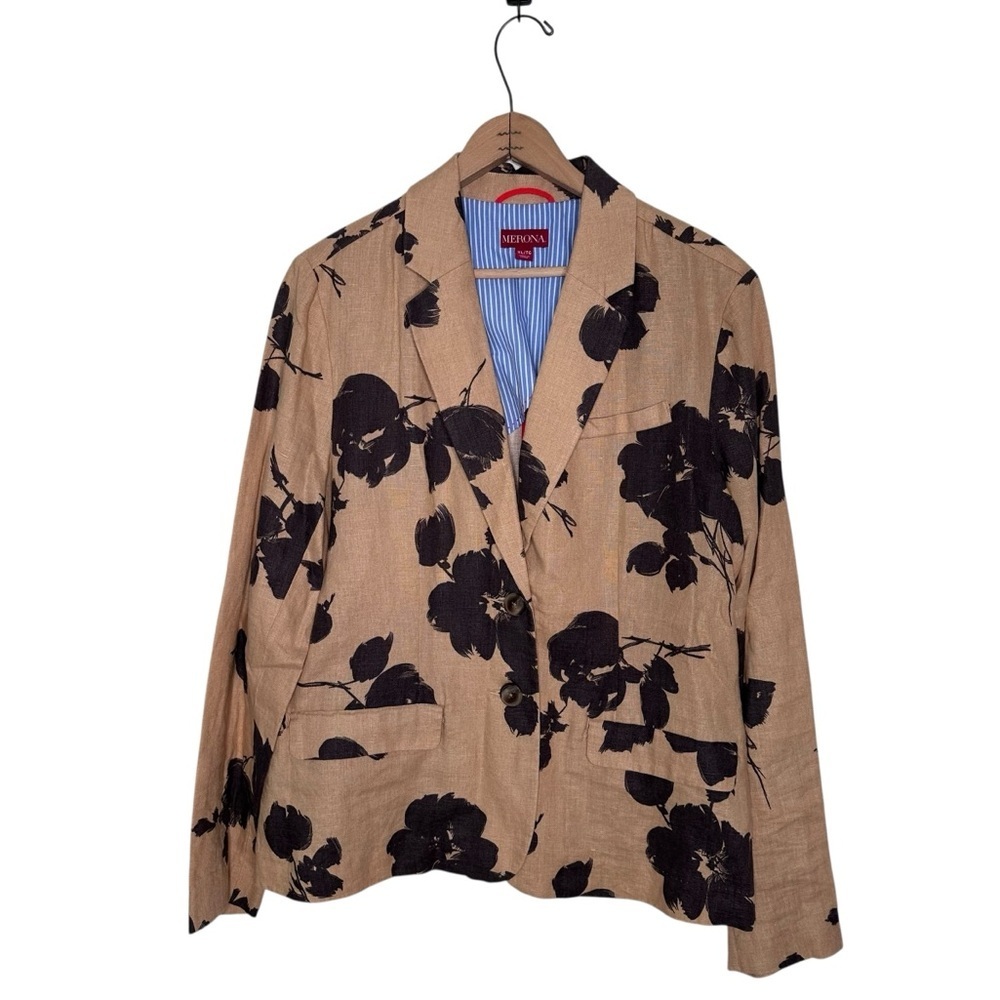 Merona Linen Floral Blazer Black and Tan One Button Closure Size XL